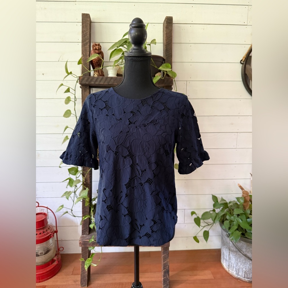 Monteau Navy Blue Floral Lace Blouse